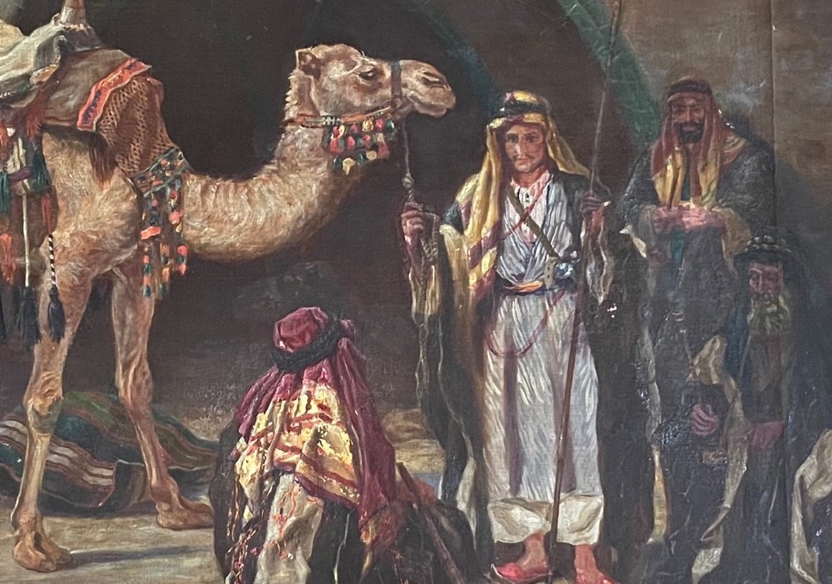 Tableau Orientaliste - Ecole Anglaise XIXè - "chameau Et Bédouins"-photo-2
