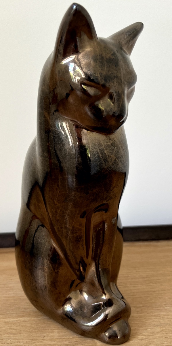 Jacques Migeon Sitting Cat In Gilded Bronze-colored Enameled Ceramic 