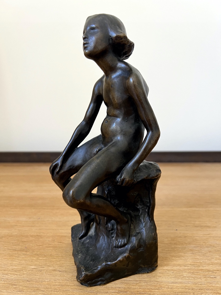 Hohwiller Founder Paris Bronze Sculpture With Brown Patina Young Boy Sitting On A Rock-photo-3