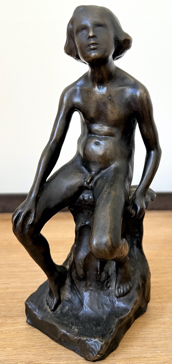 Hohwiller Founder Paris Bronze Sculpture With Brown Patina Young Boy Sitting On A Rock
