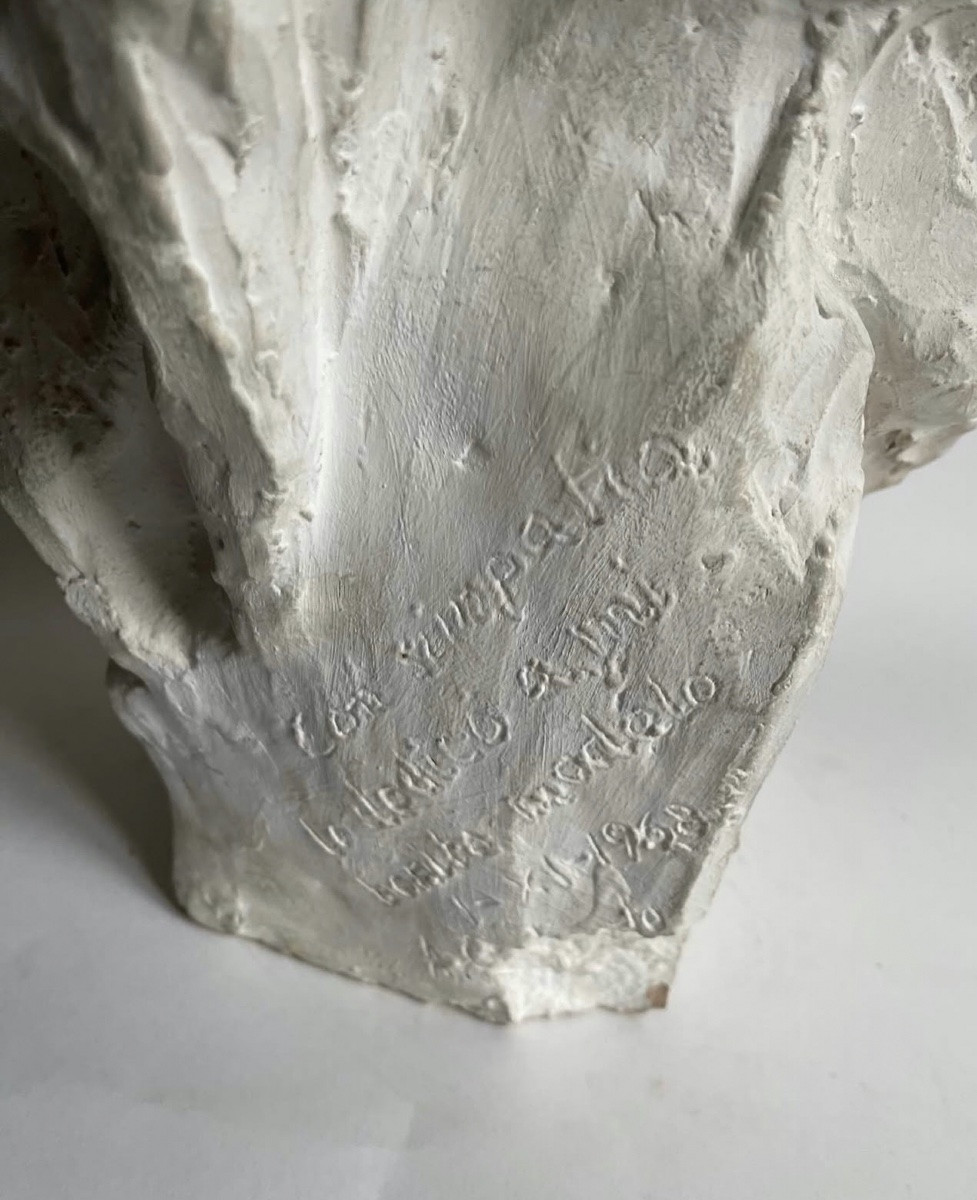 buste en terre cuite patiné blanc  "jeune fille a la queue de cheval " dédicacé- daté- monogram-photo-2