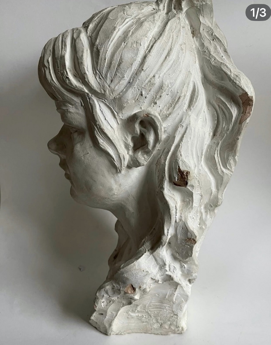 buste en terre cuite patiné blanc  "jeune fille a la queue de cheval " dédicacé- daté- monogram-photo-3