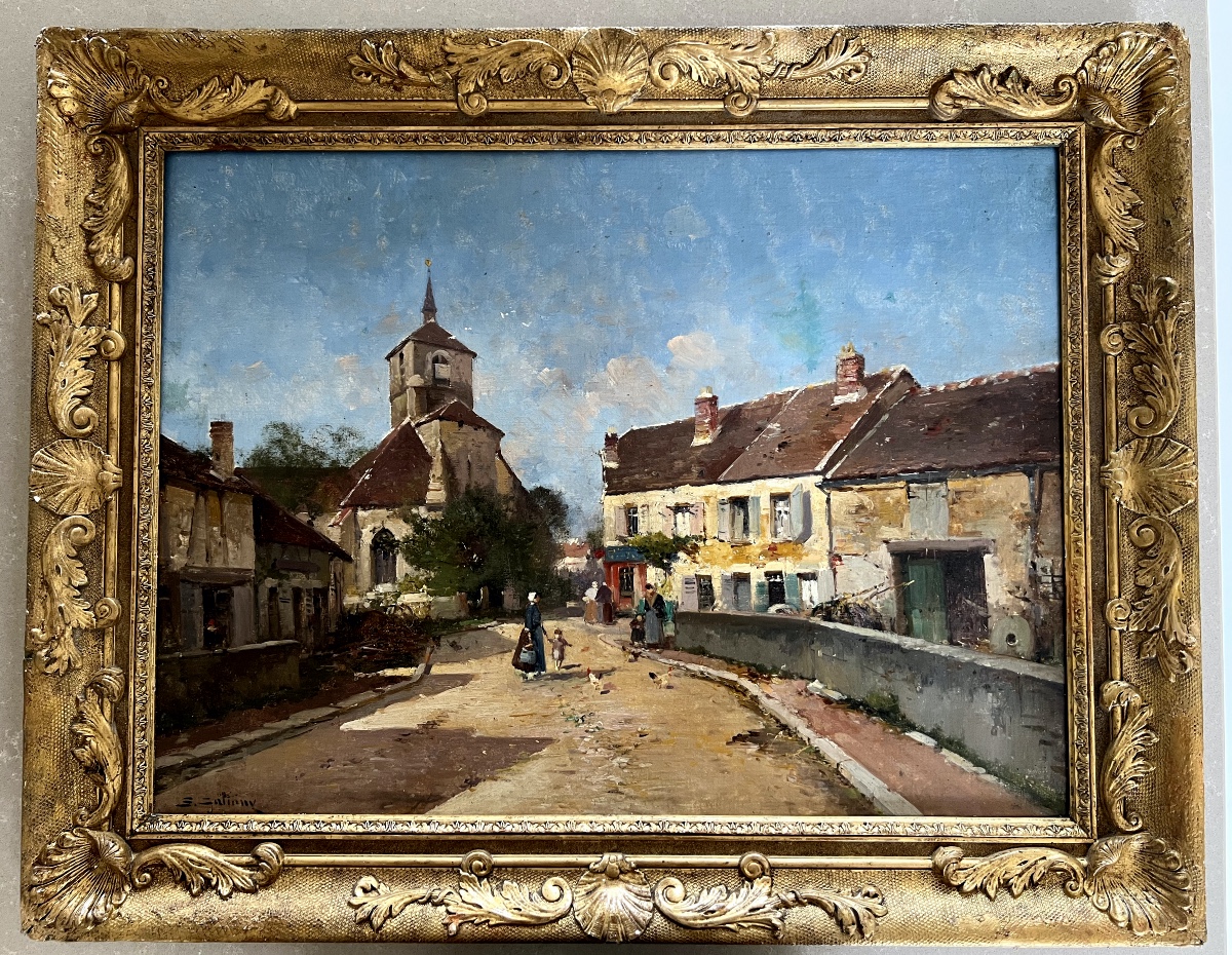 E. Galiany (Eugène Gallien -Laloue)1854-1941 Vue de Village animée huile s/toile sbg