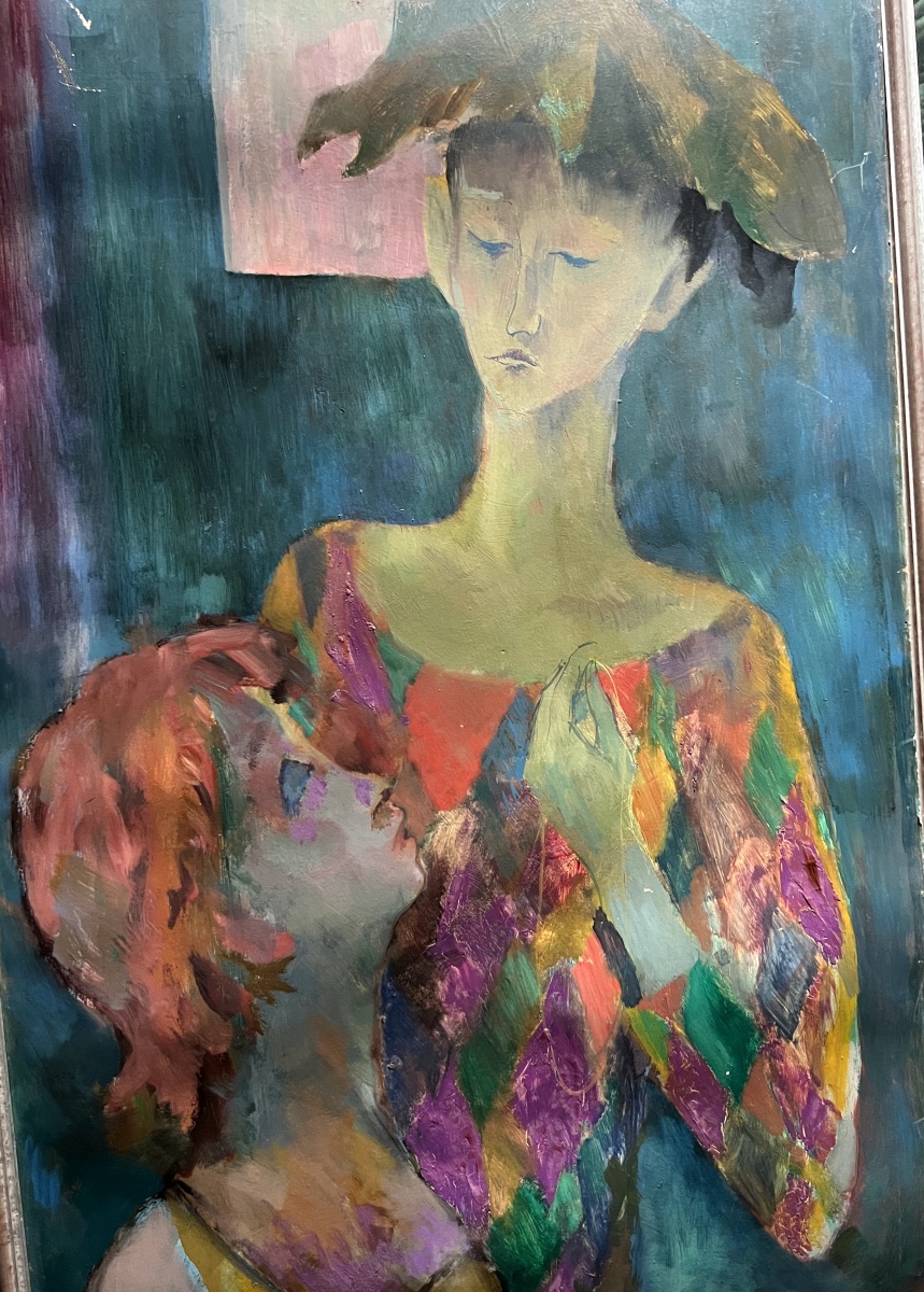 Jean Tabaud 1914-1996 Oil On Cardboard Depicting A Harlequin And A Child, Signed Lower Right