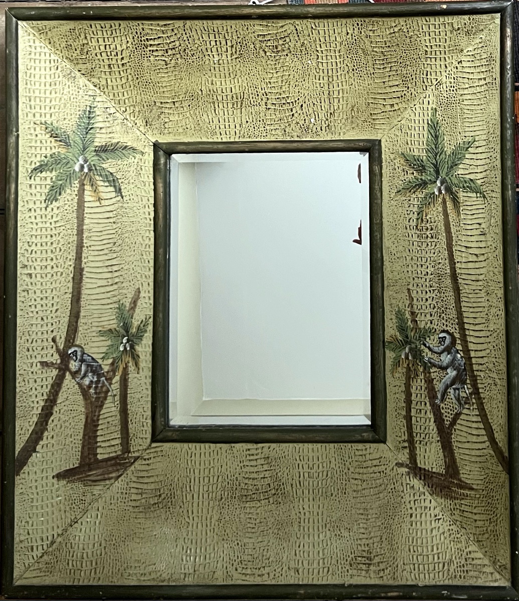 Mirror With Beveled Glass And A Carved Wooden Frame, Weathered And Painted, Circa 1940