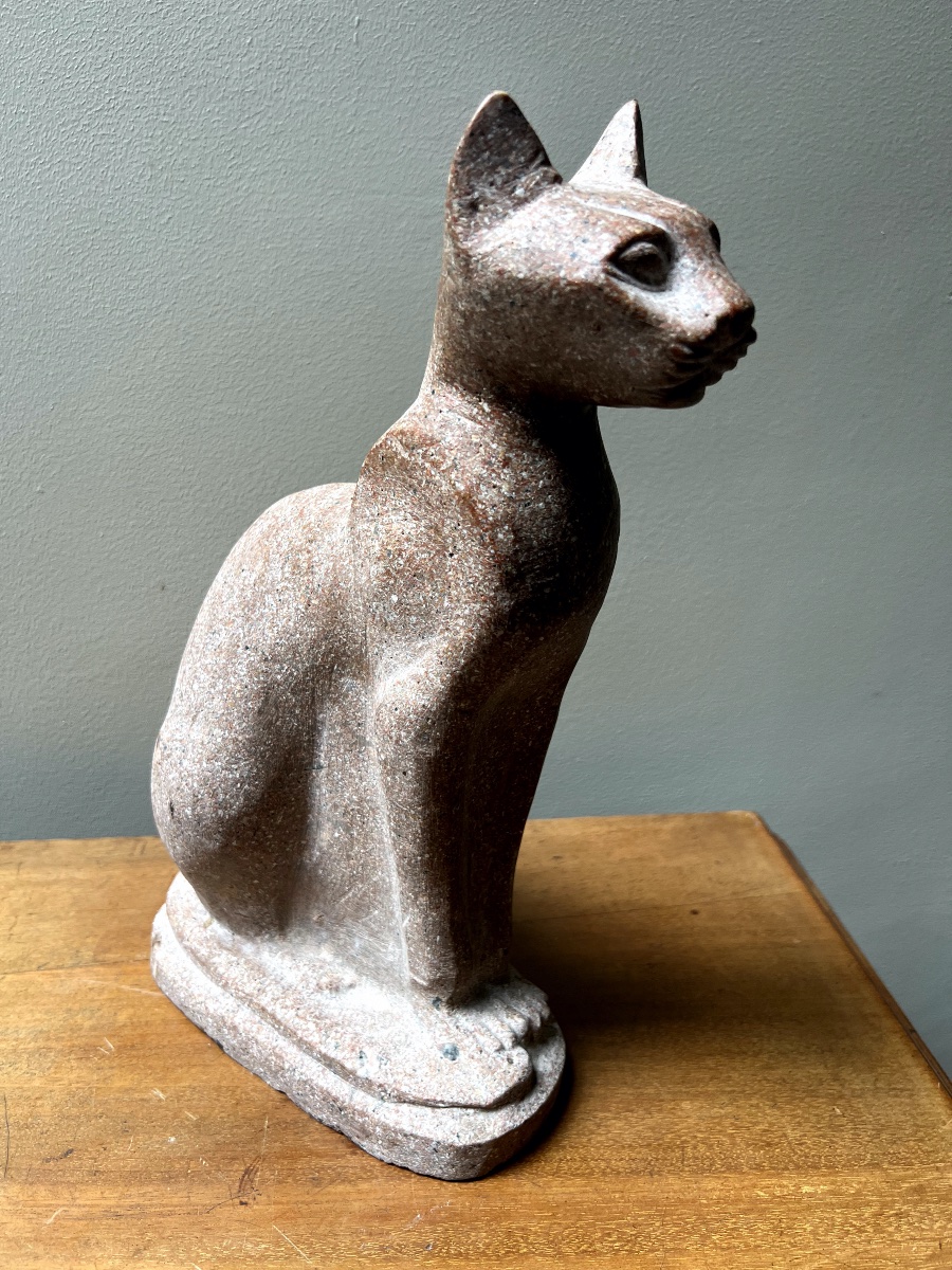 A Freehand Carving On Pink Granite Depicting An Egyptian Cat; Date Unknown-photo-3