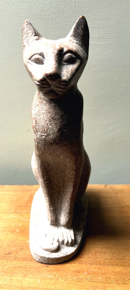 A Freehand Carving On Pink Granite Depicting An Egyptian Cat; Date Unknown