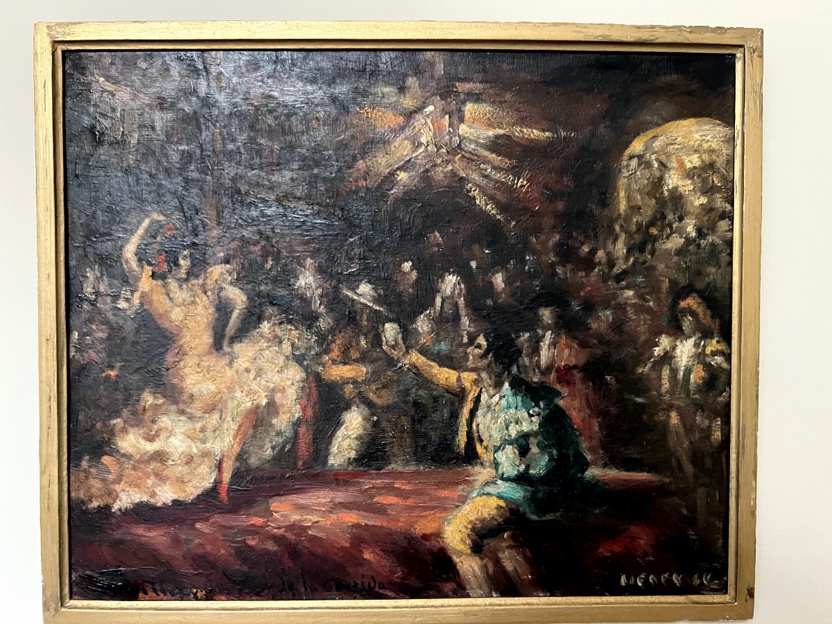 Huile sur panneau représentant une danseuse de flamenco et un toréador signée en  bas à droite