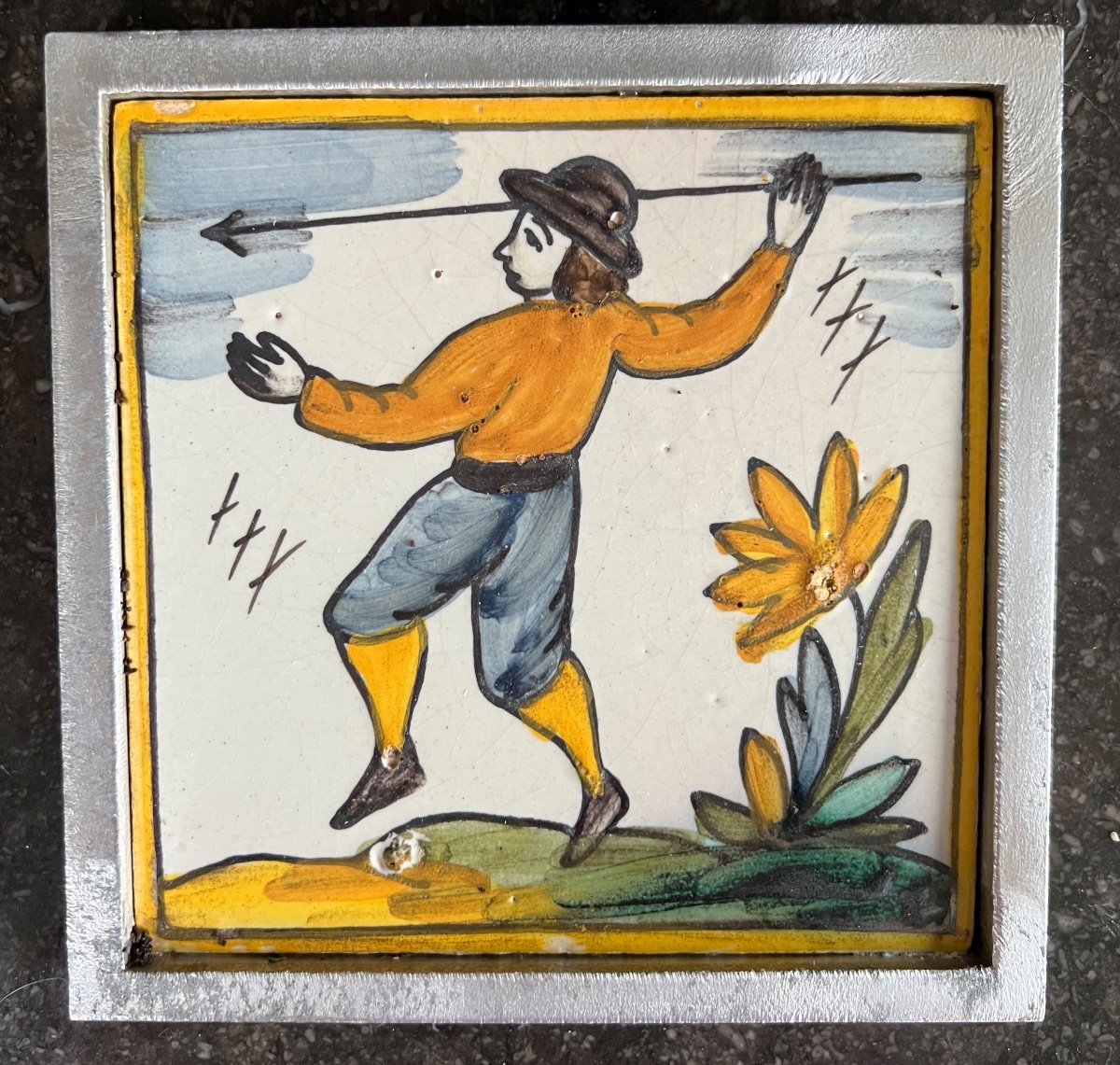 Nevers XVIIIè - Suite De 4 Carreaux En Faïence à Décor Polychrome  Représentant Des Personnages-photo-2
