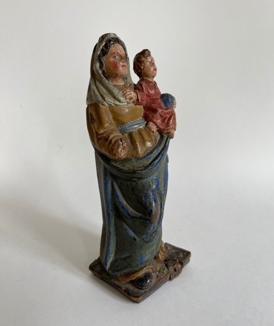 Vierge à l'Enfant En Bois Sculpté Polychrome - Travail Français XVIIIè-photo-1