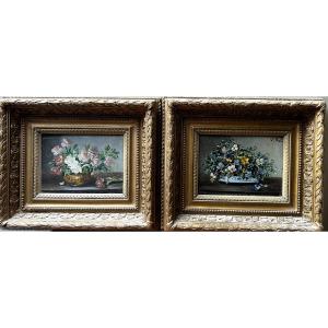 Paul Foret 1856-1934 Pair Of Still Lifes With Flowers Hsp