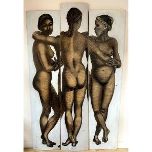 Trois huiles s/panneau formant triptyque représentant des femmes Africaines  signées XXe