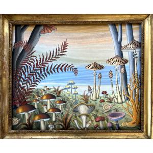 Paul Larthe (1909-1988) Oil On Panel "mushrooms" 50x60cm Signed Lower Left
