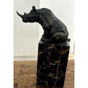 Milo Rhinoceros Assi In Bronze With Brown Patina On Marble Base Signed Founder's Stamp