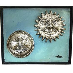 Pierre LEDDA 1914-1994 masques du soleil et de la lune sur fond bleu huile sur panneau signé