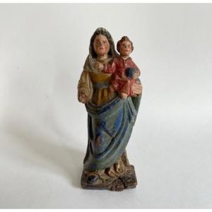 Vierge à l'Enfant En Bois Sculpté Polychrome - Travail Français XVIIIè