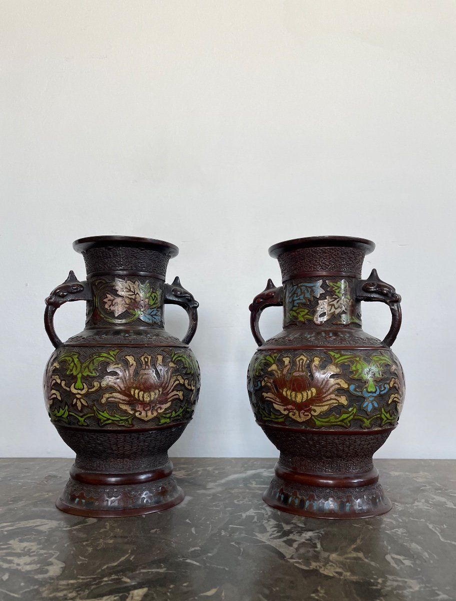 Paire De Vases Cloisonné En Bronze 