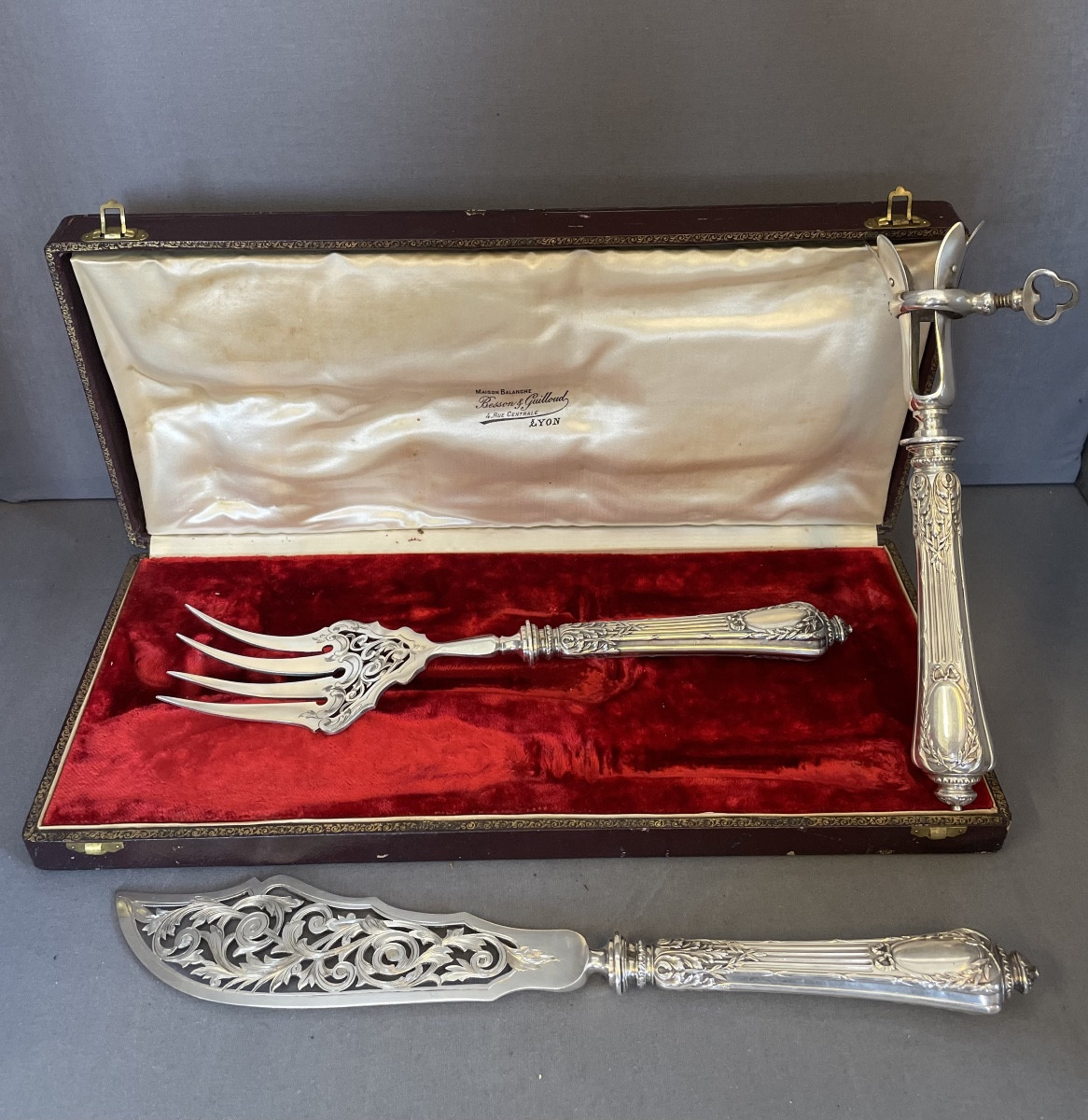 Silver Filled Dessert Set And Leg Of Lamb Tongs
