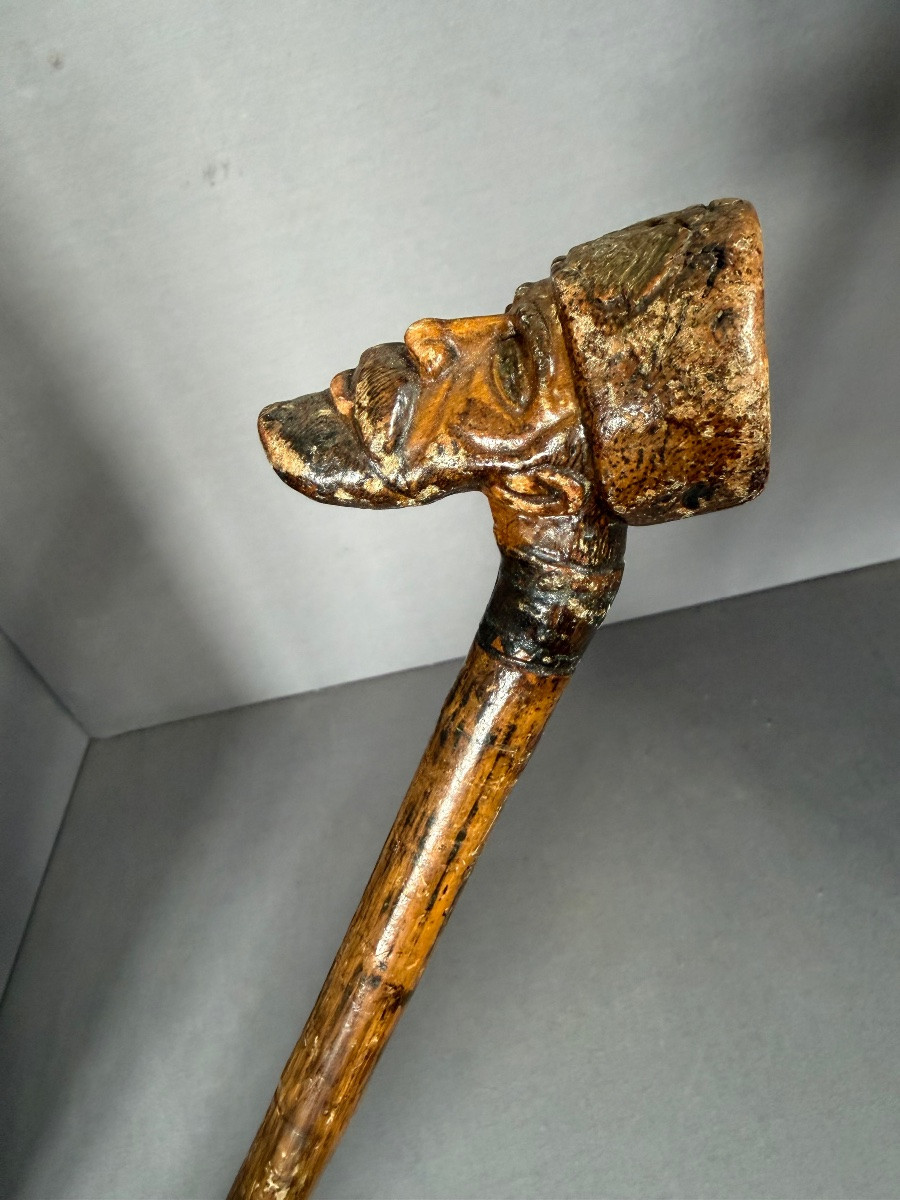 Canne en bois sculpté art populaire tête coiffé-photo-3