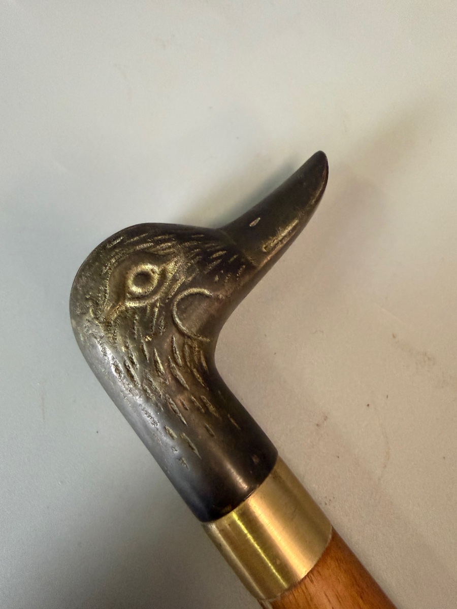 Canne en Acajou et Bronze Tête de Cannard 