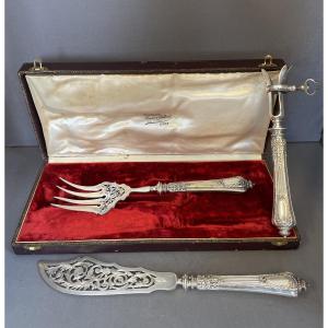 Silver Filled Dessert Set And Leg Of Lamb Tongs
