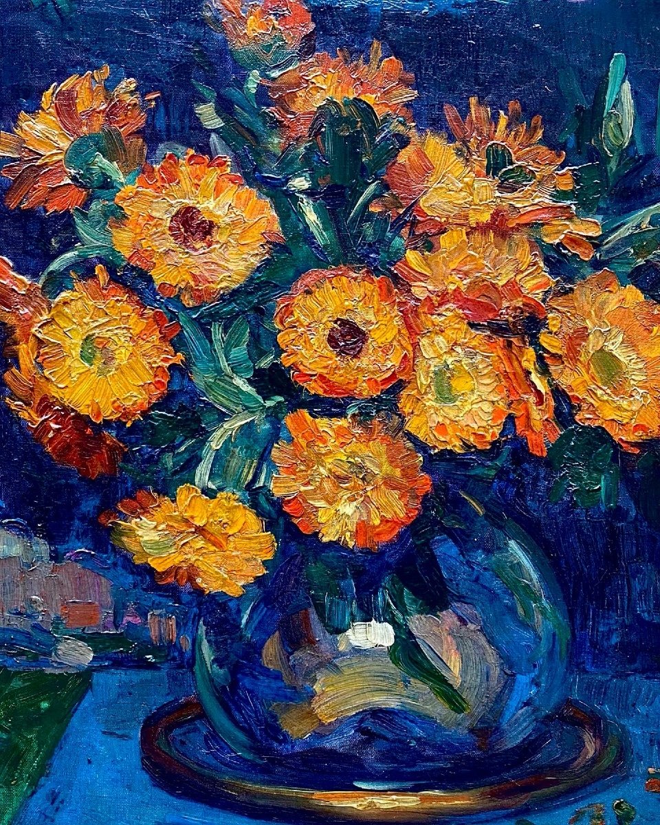 Vase De Gerberas Orange, Hubert Glansdorff, Bruxelles 1877 - 1963 Knokke, Peintre Belge-photo-2