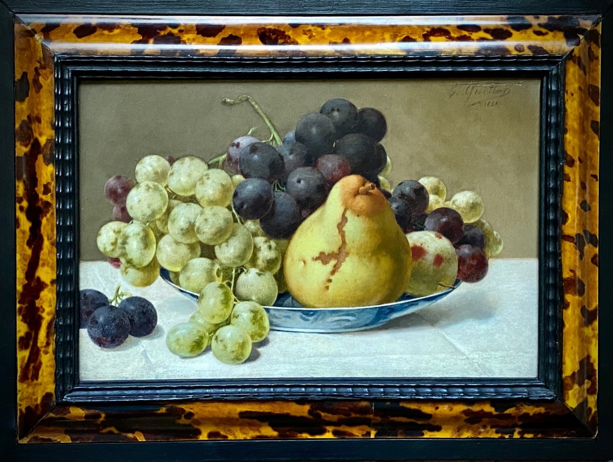 Still Life With Pear And Grapes, Quitton Edouard, Péruwels 1841 - 1934 Brussels, Belgian