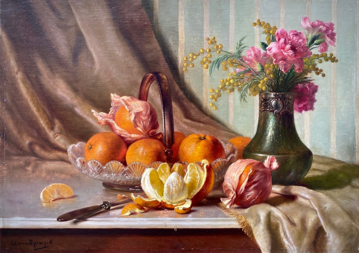 Edward Van Ryswyck, Antwerp 1871 - 1931, Belgian Painter, Still Life With Oranges And Flowers-photo-2
