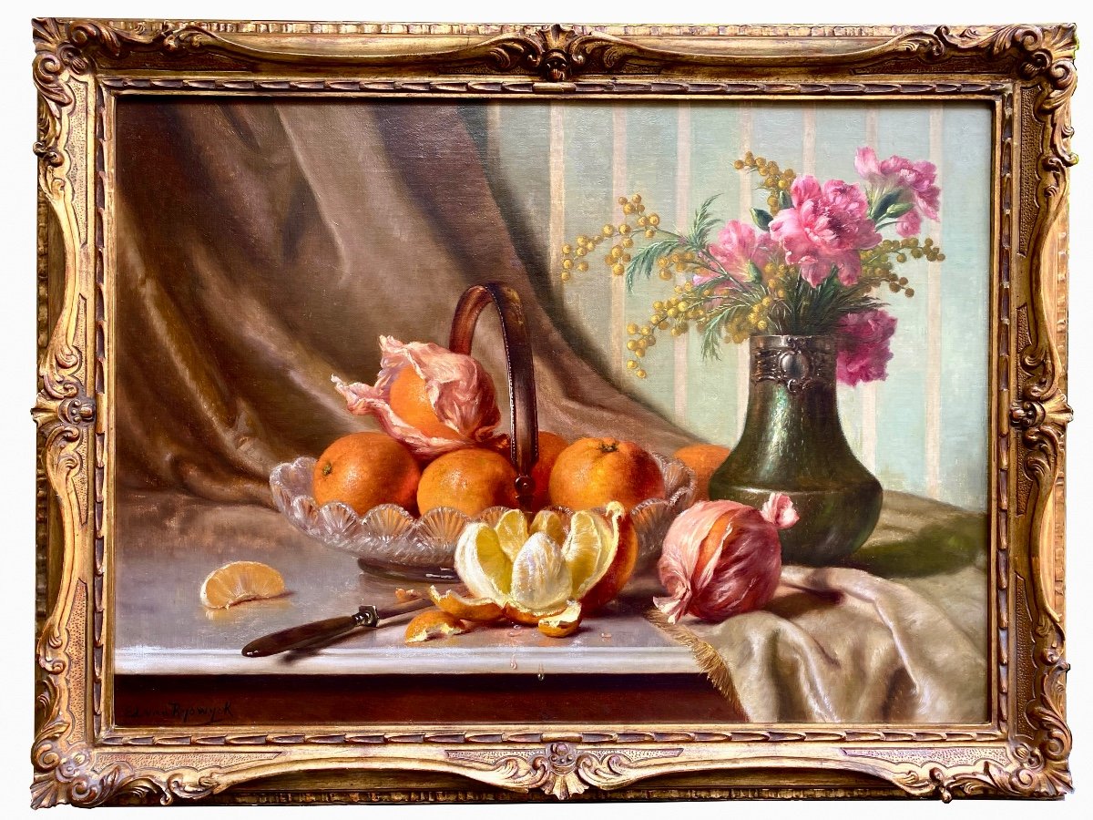 Edward Van Ryswyck, Antwerp 1871 - 1931, Belgian Painter, Still Life With Oranges And Flowers