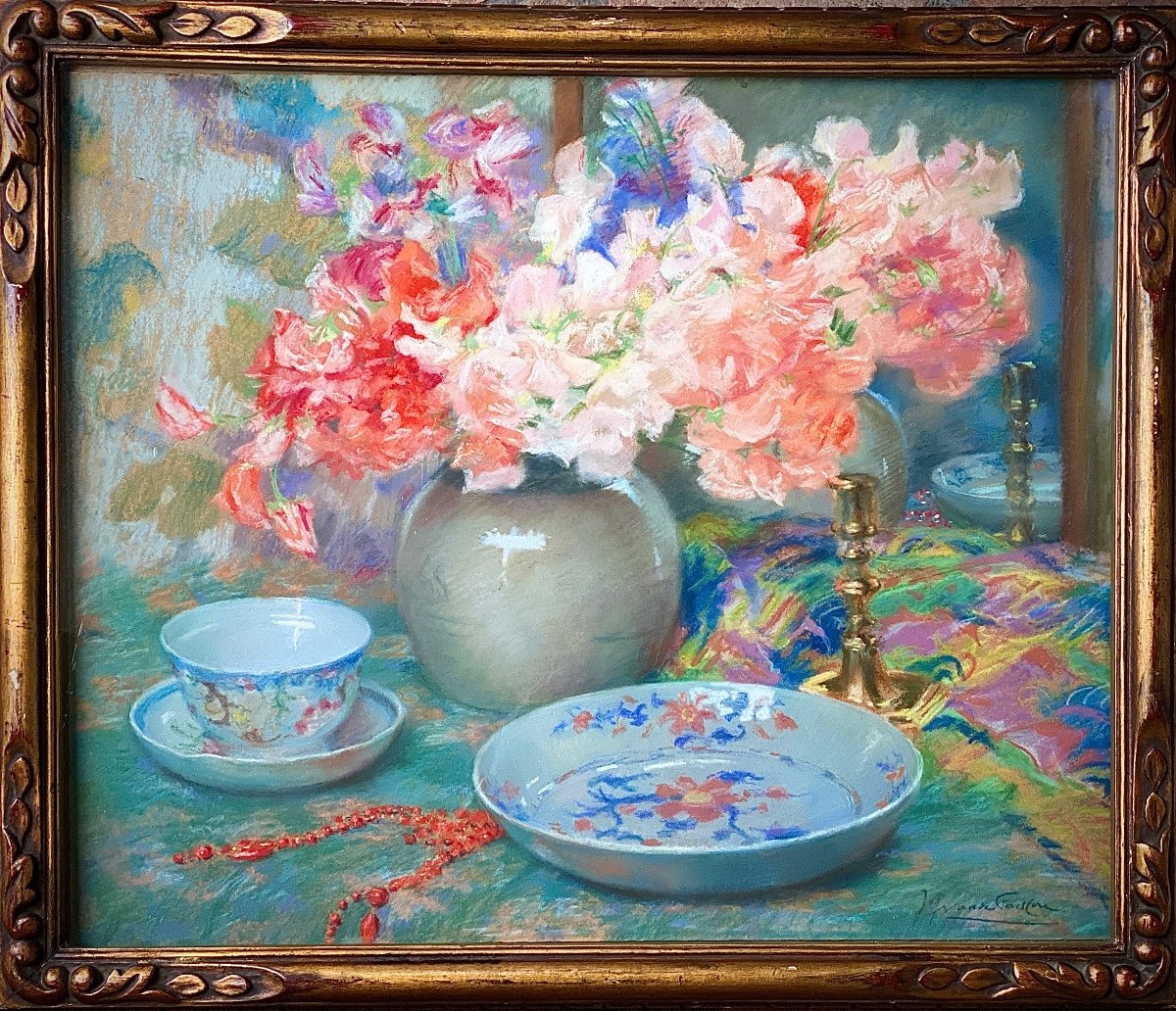 Joseph Vande Fackere, Bruges 1879 - 1946, Belgian Painter, Les Fleurs Et Accessoires, Pastel-photo-2