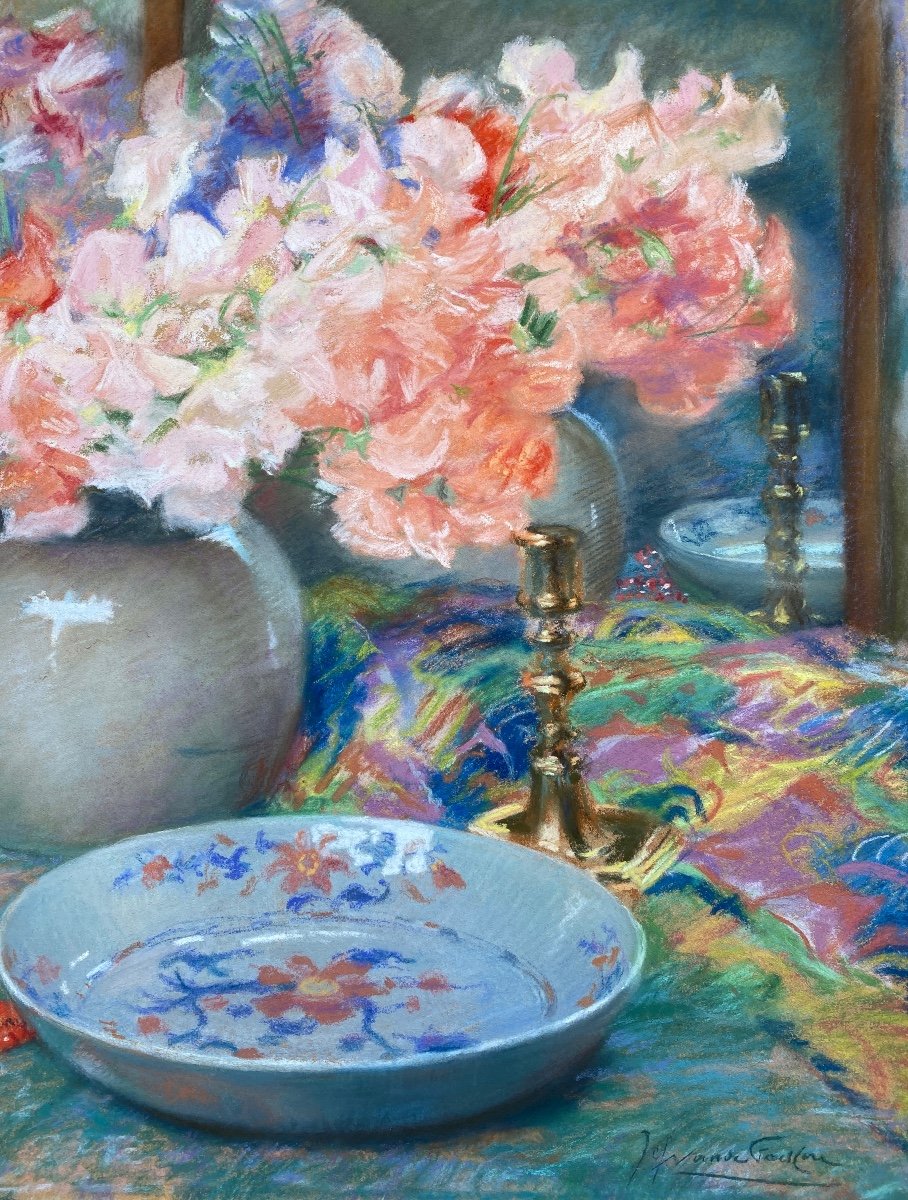 Joseph Vande Fackere, Bruges 1879 - 1946, Belgian Painter, Les Fleurs Et Accessoires, Pastel-photo-3