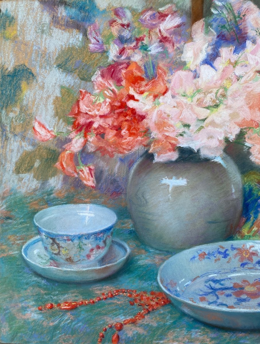Joseph Vande Fackere, Bruges 1879 - 1946, Belgian Painter, Les Fleurs Et Accessoires, Pastel-photo-4