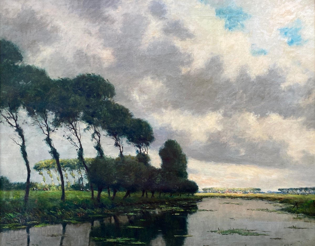 Victor De Groux, Brussels 1895 – 1975, Belgian Painter Landscape At The River-photo-2