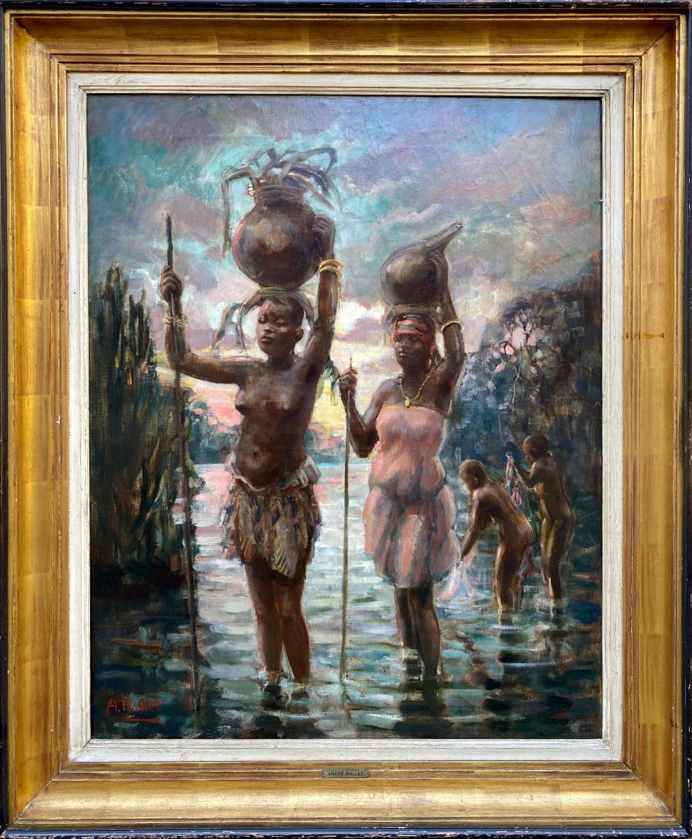 André Hallet, Liège, Belgique 1890 - 1959 Kisenyi, Rwanda, Peintre Belge, 'Les Porteurs d'Eau'