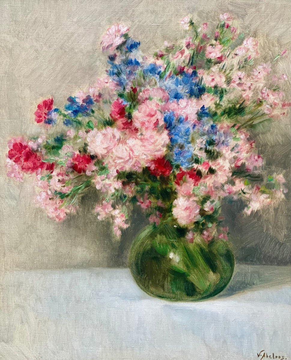 Victor Abeloos, Brussels 1881 – 1965, Belgian Painter, 'bouquet Of Flowers In A Green Vase'-photo-2
