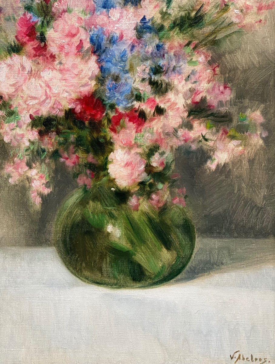 Victor Abeloos, Brussels 1881 – 1965, Belgian Painter, 'bouquet Of Flowers In A Green Vase'-photo-3