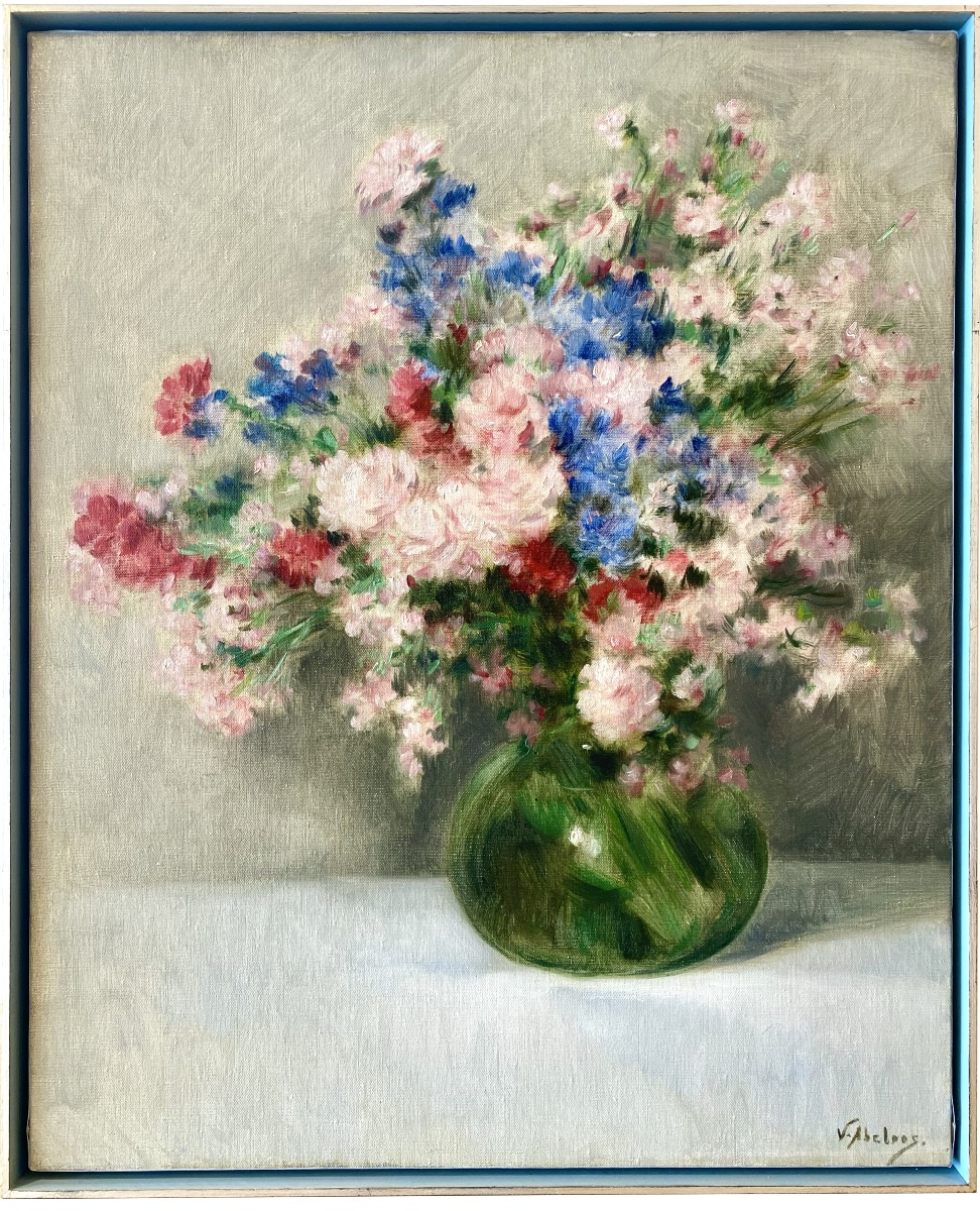 Victor Abeloos (1881 – Bruxelles  - 1965) - ' Bouquet De Fleurs Dans Un Vase Vert'