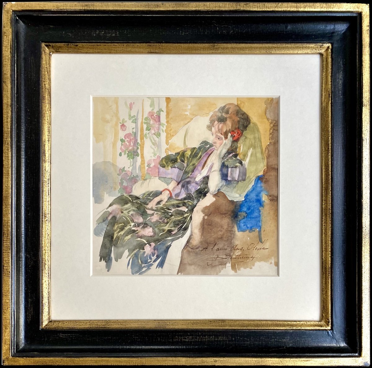 Jules Lentrein (1875 - Brussels - 1943) - 'lady In Thoughts', Watercolor-photo-3