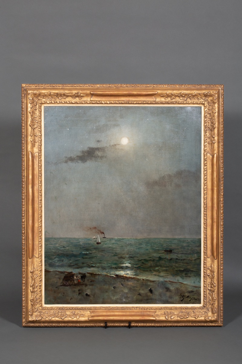 Alfred Stevens ( Bruxelles 1823 – Paris 1906) - ' Clair De Lune Sur La Mer ' Signé Et Daté 1892-photo-3