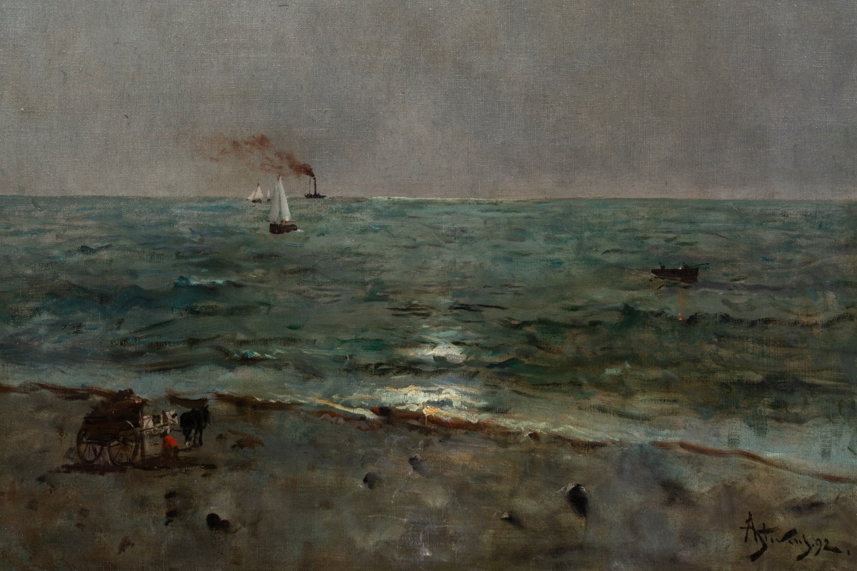 Alfred Stevens ( Bruxelles 1823 – Paris 1906) - ' Clair De Lune Sur La Mer ' Signé Et Daté 1892-photo-1