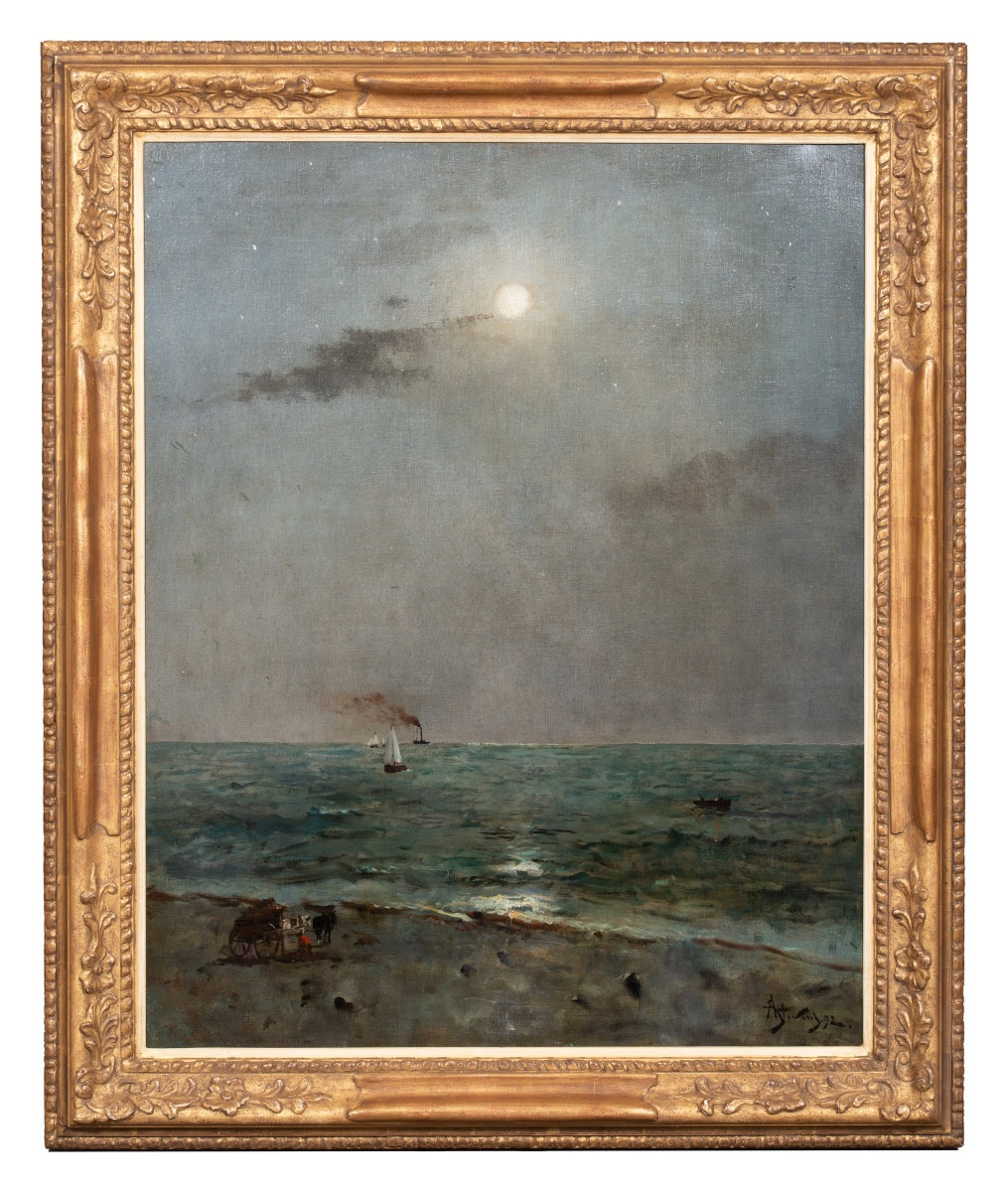 Alfred Stevens ( Bruxelles 1823 – Paris 1906) - ' Clair De Lune Sur La Mer ' Signé Et Daté 1892