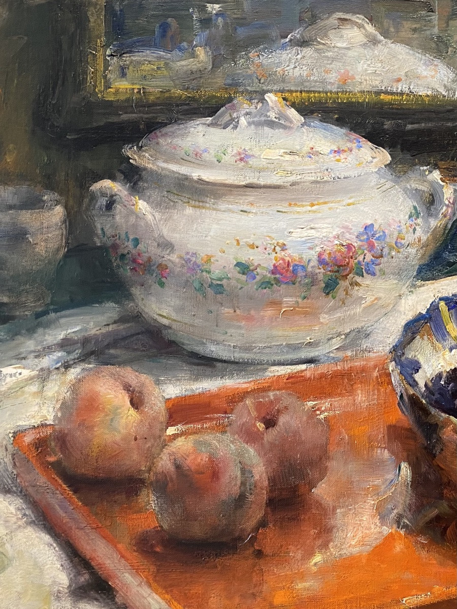Frans Mortelmans (1865 – Anvers – 1936) - ' Nature Morte Au Vase En Porcelaine Et Aux Fruits '-photo-3