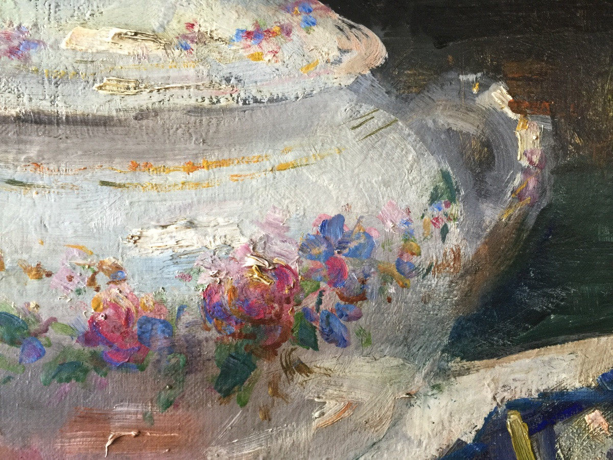 Frans Mortelmans (1865 – Anvers – 1936) - ' Nature Morte Au Vase En Porcelaine Et Aux Fruits '-photo-4
