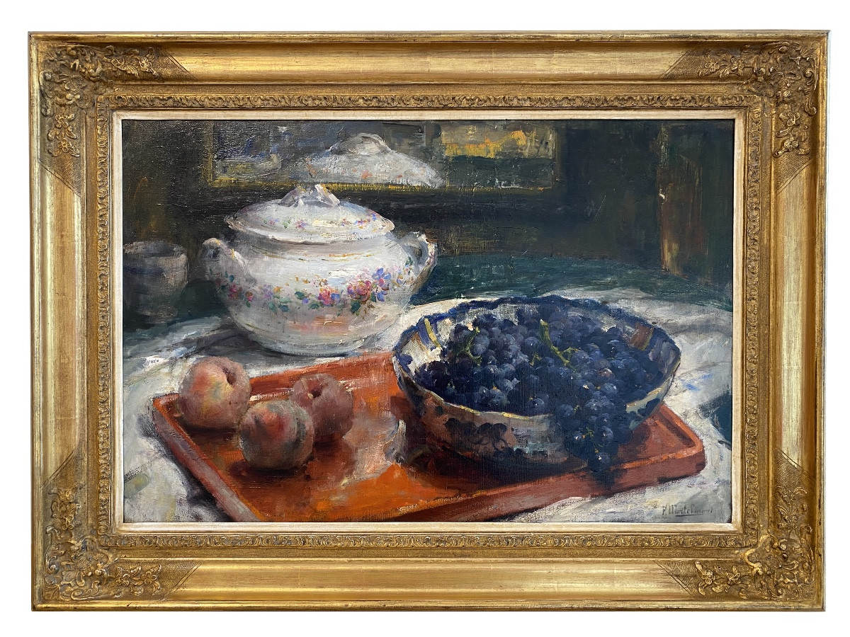 Frans Mortelmans (1865 – Anvers – 1936) - ' Nature Morte Au Vase En Porcelaine Et Aux Fruits '
