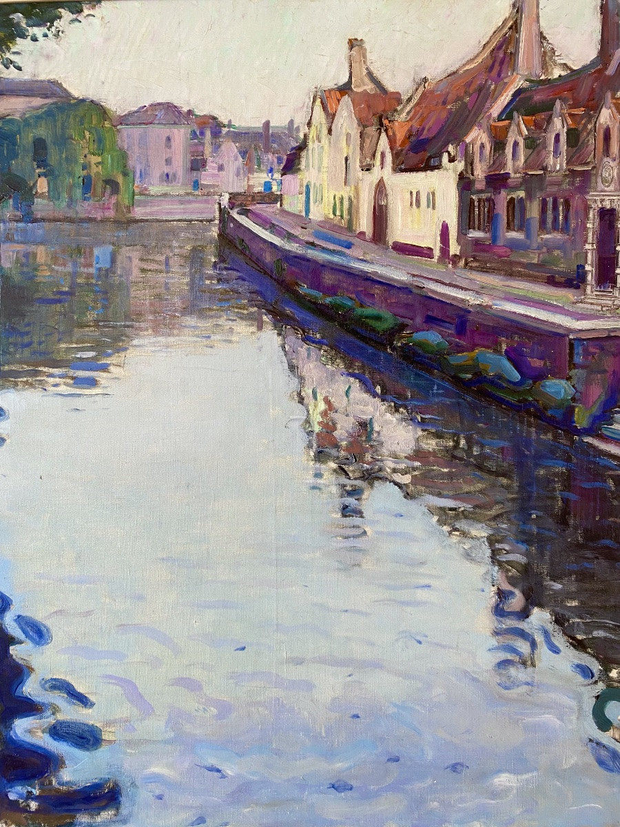 André Hallet (1890 – 1959) - ' Vue sur le canal depuis le Meebrug, Bruges ' signée, datée 1921-photo-1
