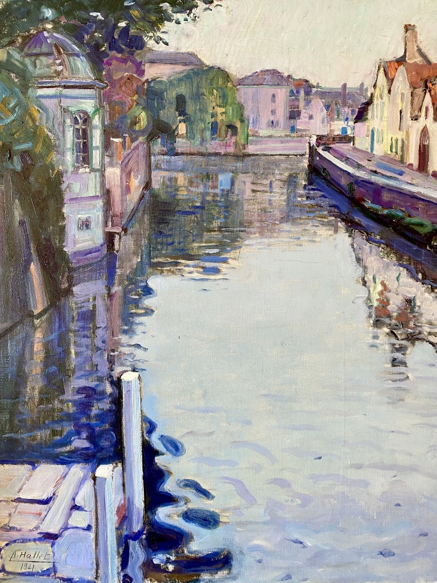 André Hallet (1890 – 1959) - ' Vue sur le canal depuis le Meebrug, Bruges ' signée, datée 1921-photo-2