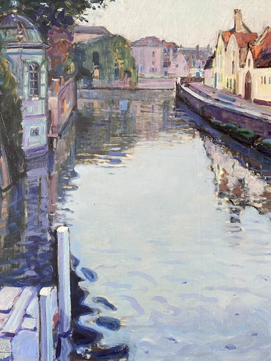 André Hallet (1890 – 1959) - ' Vue sur le canal depuis le Meebrug, Bruges ' signée, datée 1921-photo-6