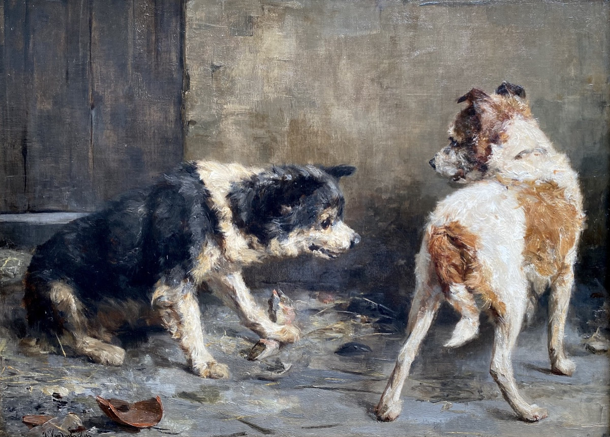 Charles Van Den Eycken ( 1859 – Bruxelles – 1923 ) - ' Chien protégeant son déjeuner '-photo-2