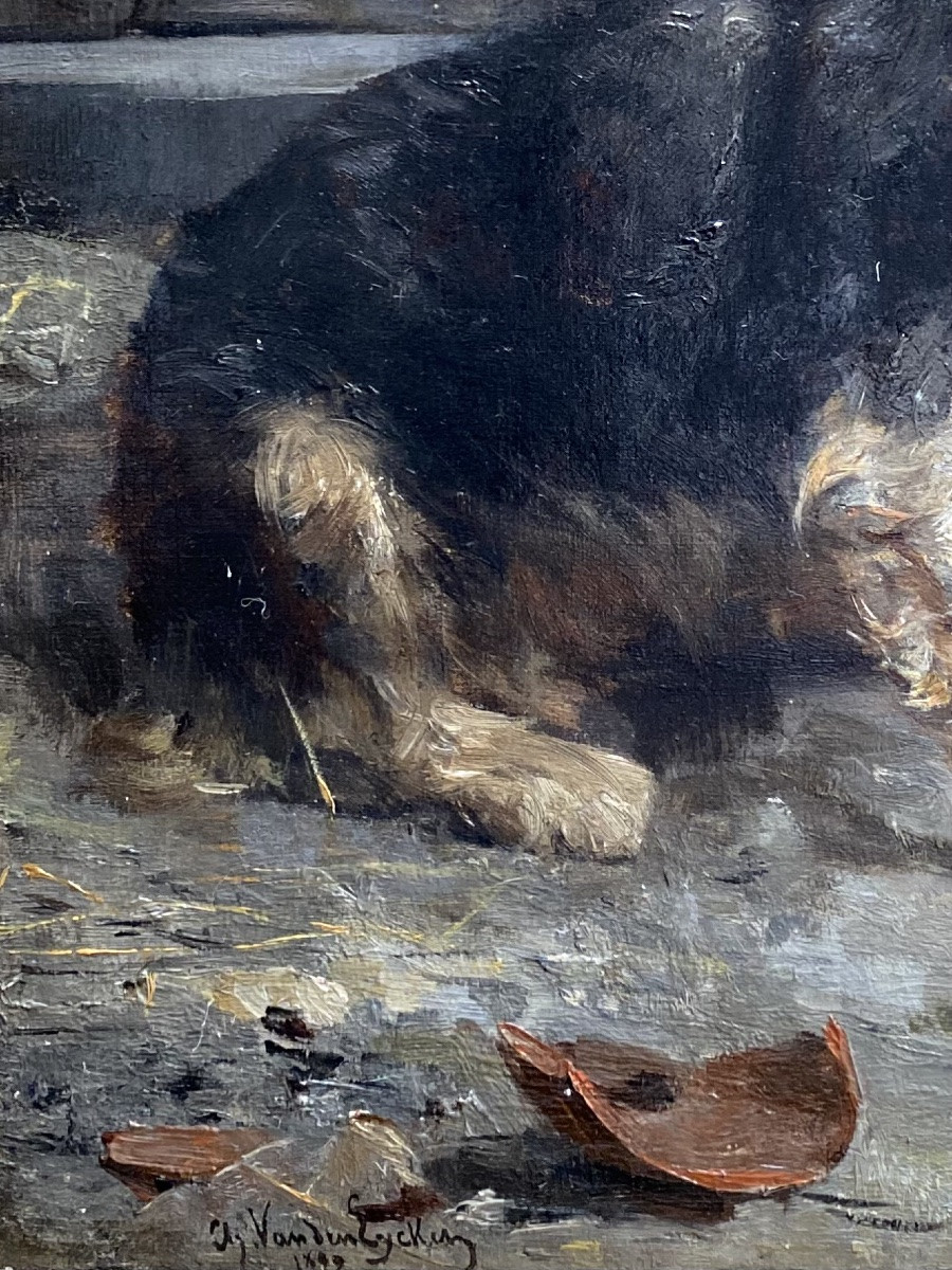 Charles Van Den Eycken ( 1859 – Bruxelles – 1923 ) - ' Chien protégeant son déjeuner '-photo-1