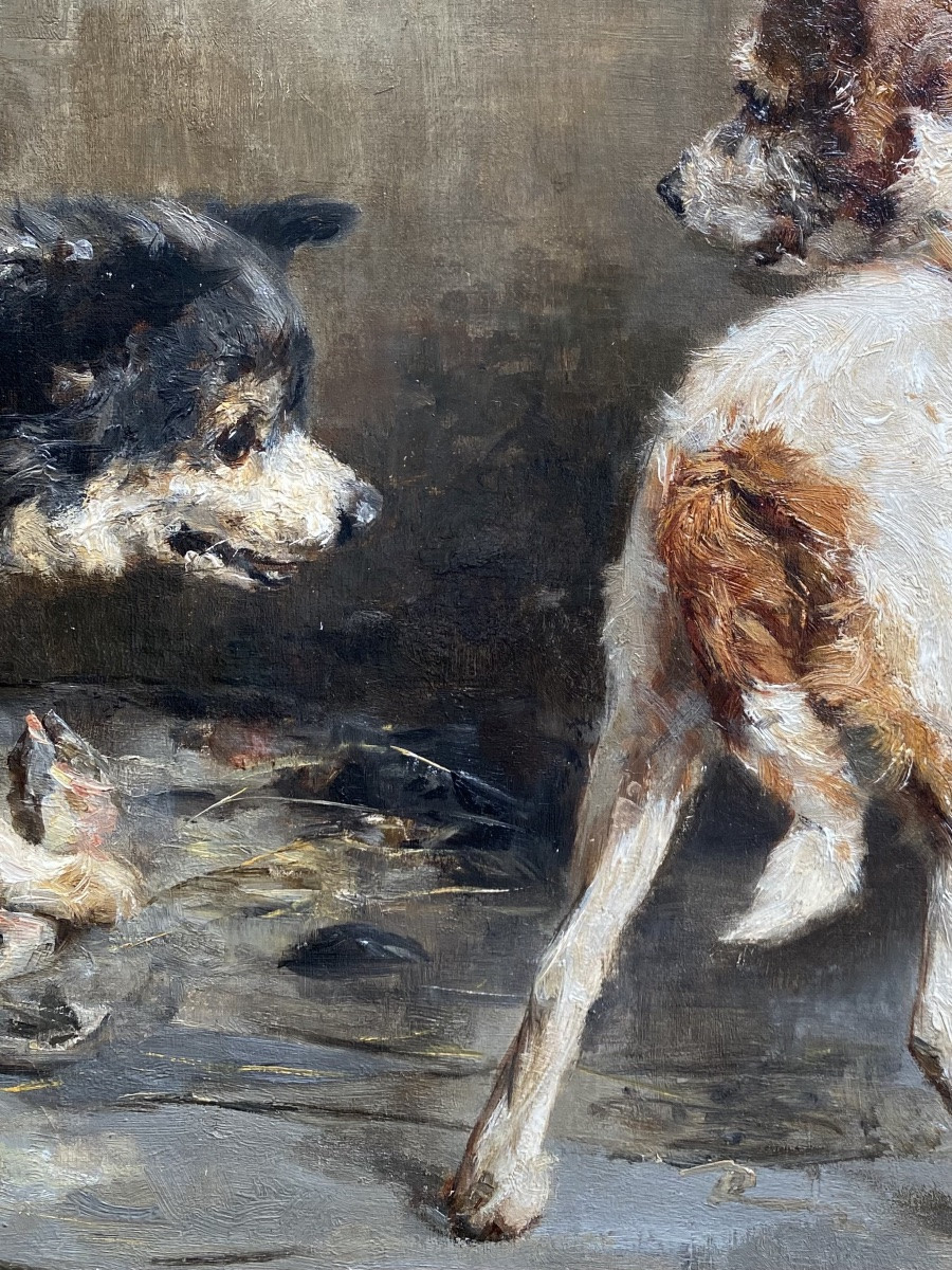 Charles Van Den Eycken ( 1859 – Bruxelles – 1923 ) - ' Chien protégeant son déjeuner '-photo-3